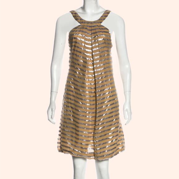 YIGAL AZROUËL Beige and Metallic Silver Striped Sleeveless Silk Dress - Picture 1 of 8